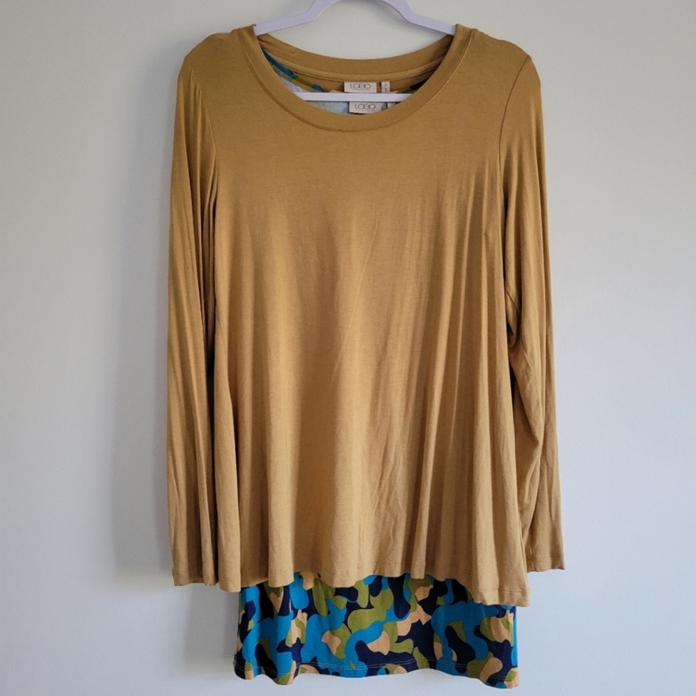 LOGO by Lori Goldstein Tan and Blue 2pcs‎ Layerd Lagenlook Tunic Top S